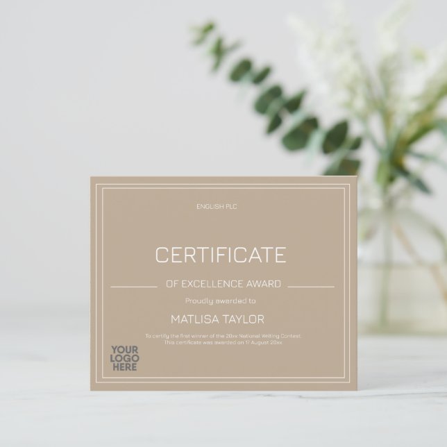 Certificate of Excellence Award Taupe Add Logo  (Debout devant)