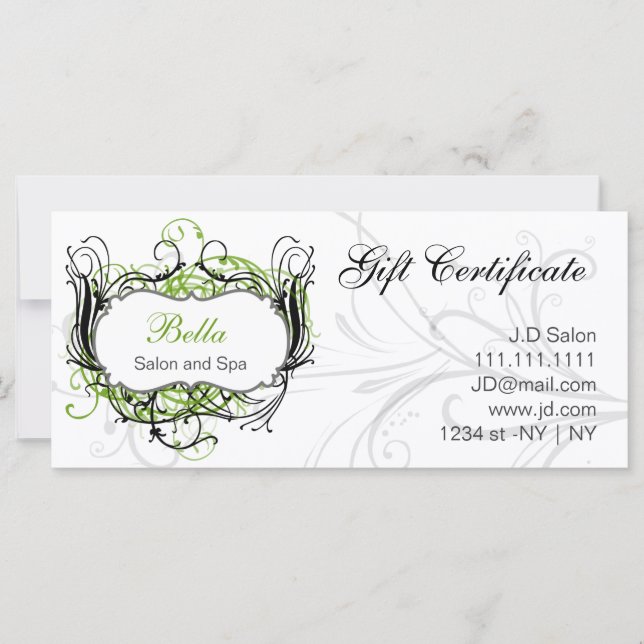 Certificats-cadeaux chic vert, noir et blanc (Devant)