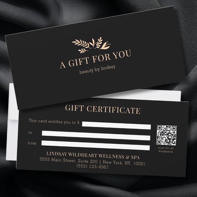 Certificats Cadeaux Code QR Botanique Noir Minimal (Minimal Black Botanical Salon QR Code Business Gift Certificates)