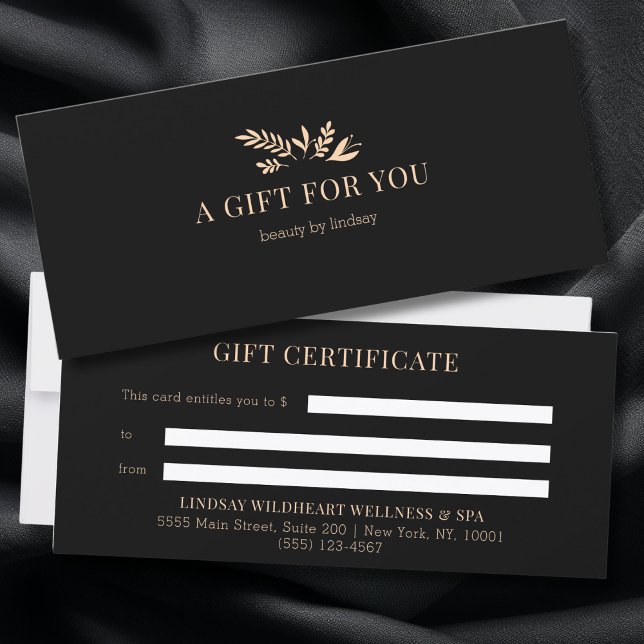 Certificats Cadeaux d'Affaires Botaniques Noir Min (Minimal Black Botanical Custom Salon Business Gift Certificates)