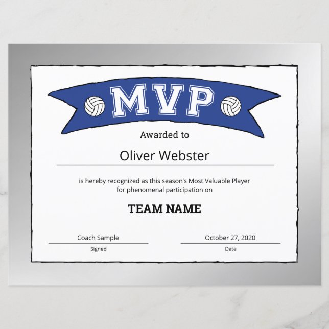 Certificats MVP du Lecteur MVP VolleyballCertifica (Devant)