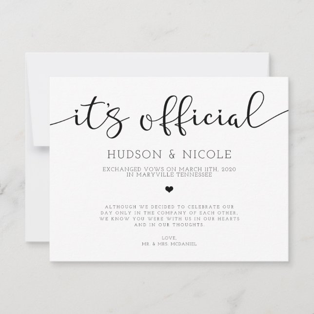 C'est le Faire-part officiel du Mariage Elopement (Devant)