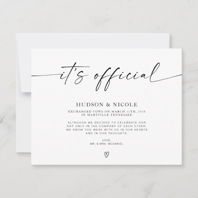 C'est le Faire-part officiel du Mariage Elopement (Devant)