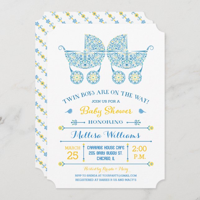 C'est Twin Boys ! Invitation Baby shower Twins (Devant / Derrière)