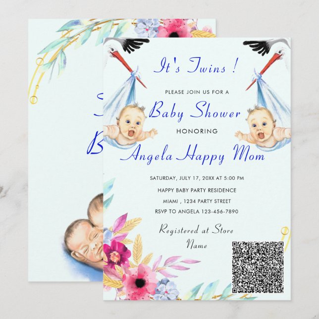 C'est Twin Boys QR Code Info Baby shower Invitatio (Devant / Derrière)