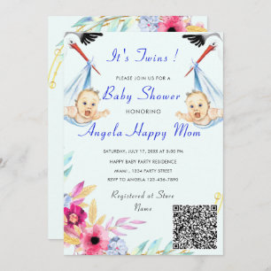 C'est Twin Boys QR Code Info Baby shower Invitatio