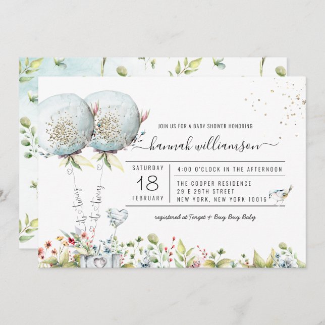 C'est Twins Blue Balloon Baby shower Invitation (Devant / Derrière)