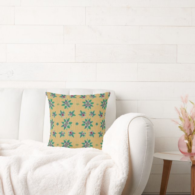C'est un coussin à motifs lumineux. (Canapé)