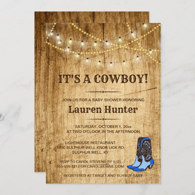 C'est un Cowboy ! Invitation Baby shower pays (Devant / Derrière)