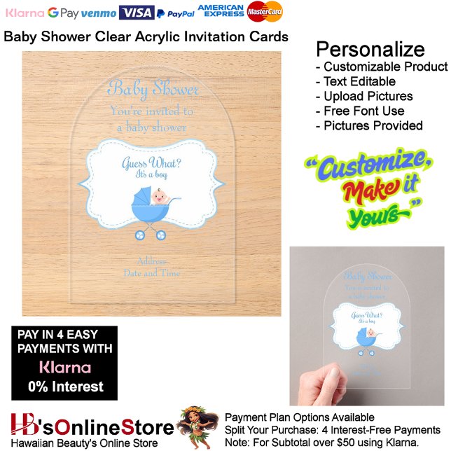 C'est un garçon Baby shower Invitation Card 3 (Boy's Baby Shower Birth Party Supplies Celebrate Clear Acrylic Invitations 3.)