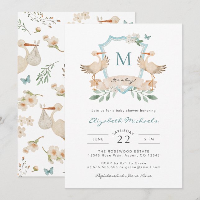 C'est un garçon Invitation à une baby shower Bleu (Devant / Derrière)