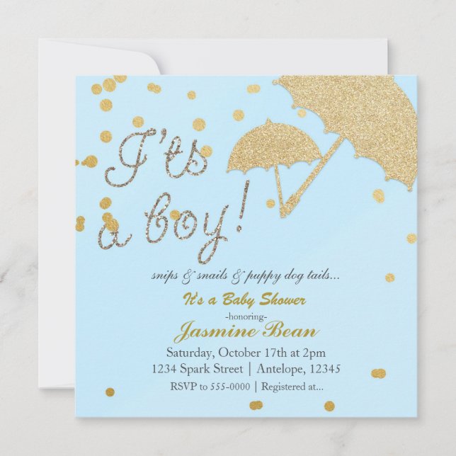 C'EST UN GARÇON Invitation Baby Shower Bleu & Or (Devant)