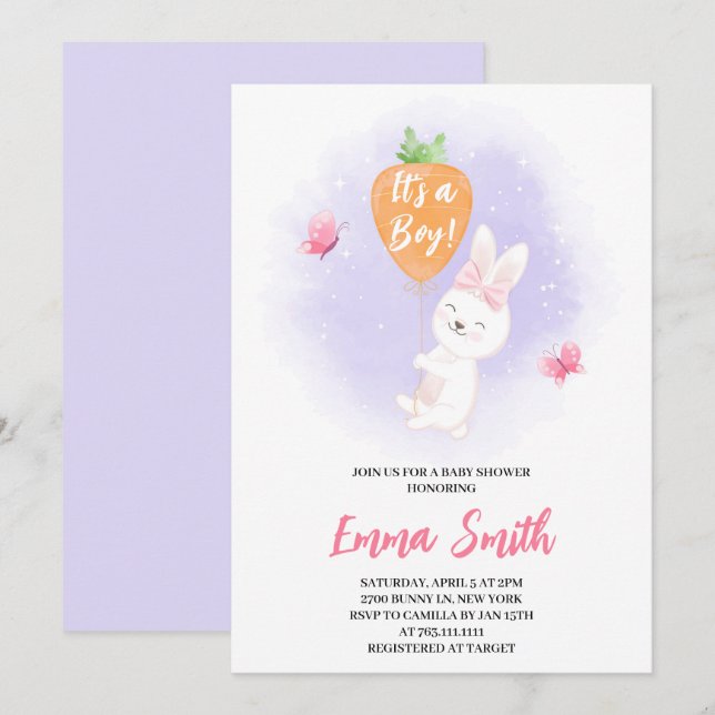 C'est un garçon Invitation Baby Shower Lapin Migno (Devant / Derrière)