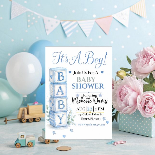 C'est un garçon | Invitation de baby shower avec d (It's a Boy Blue Blocks Baby Shower Invitation. )