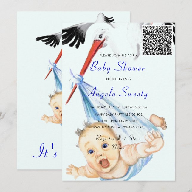 C'est une cigogne bébé QR Code Douche Invitation (Devant / Derrière)