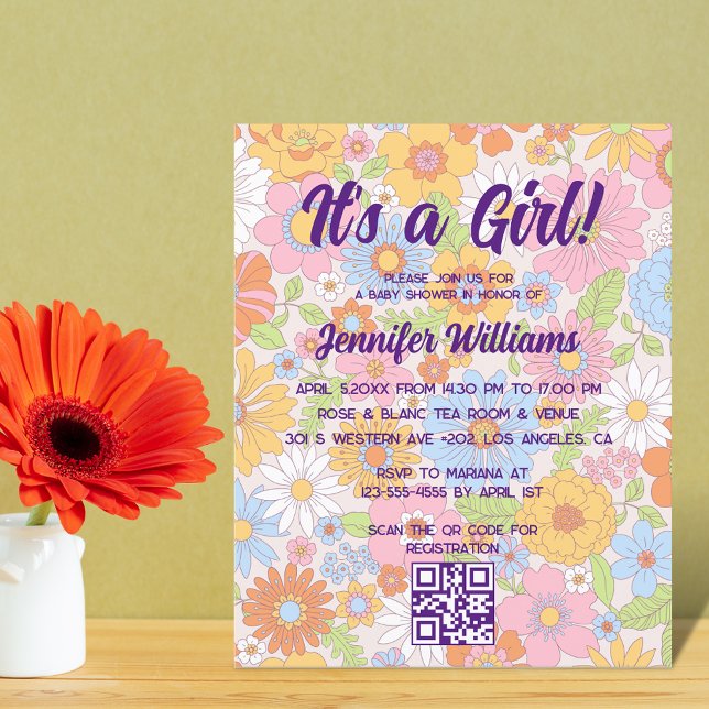 c'est une fille baby shower invitation florale rét (Créateur téléchargé)
