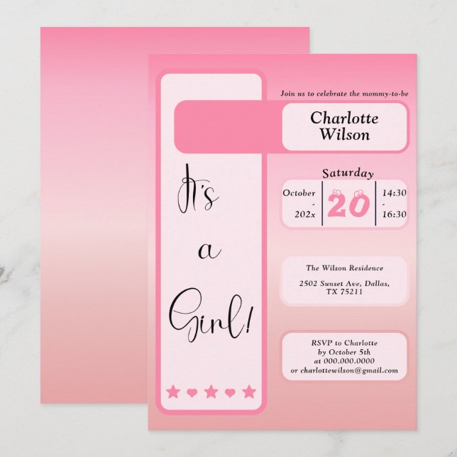 C'est une fille ! Dégradé rose Invitation de baby  (Devant / Derrière)