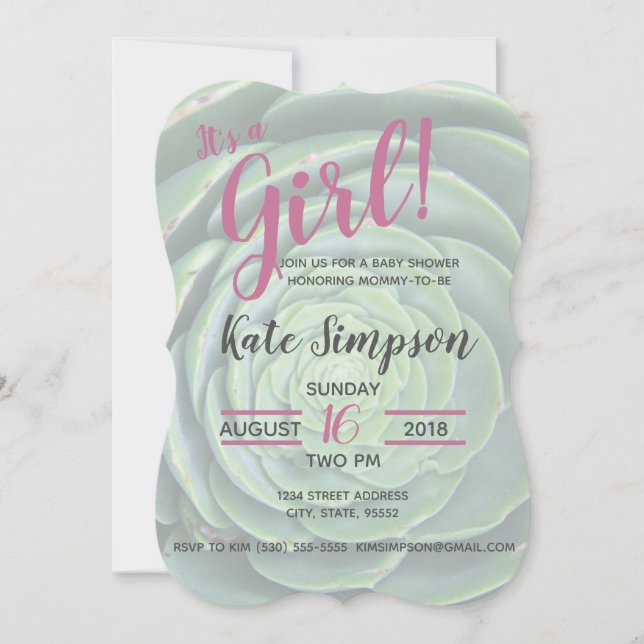 C'est une fille ! Invitation baby shower Succulent (Devant)