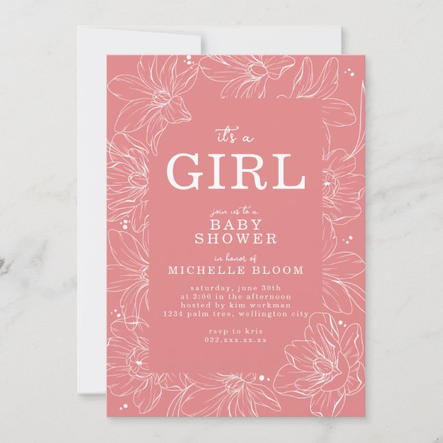 "C'est une FILLE" Invitation de Baby shower floral (Devant)