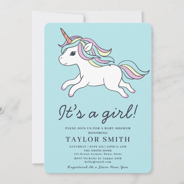 C'est une fille Invitation de Baby Shower Licorne  (Devant)