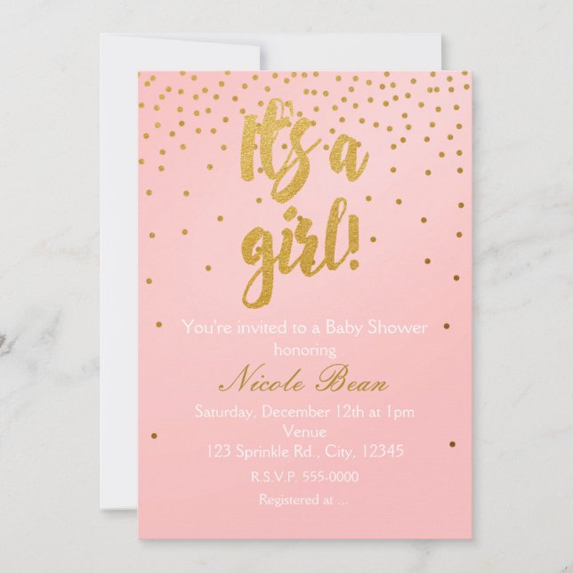 C'EST UNE FILLE Invitation rose poudré et confetti (Devant)