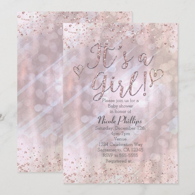 C'est une fille Invitations scintillantes perle po (Devant / Derrière)
