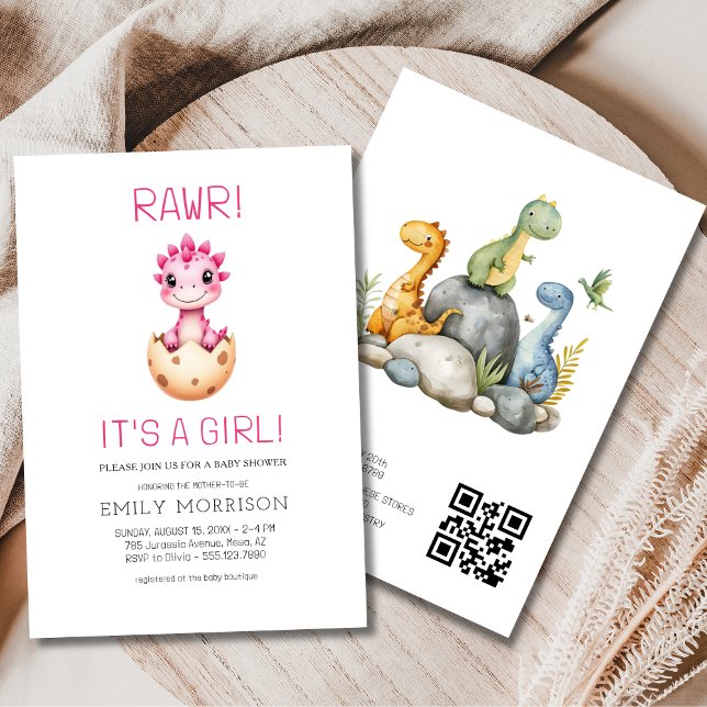 C'est une fille Mignon Invitation Baby Shower Dino (Créateur téléchargé)