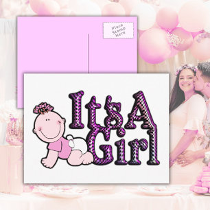 C'est une fille Pink Check Baby Faire-part Carte p