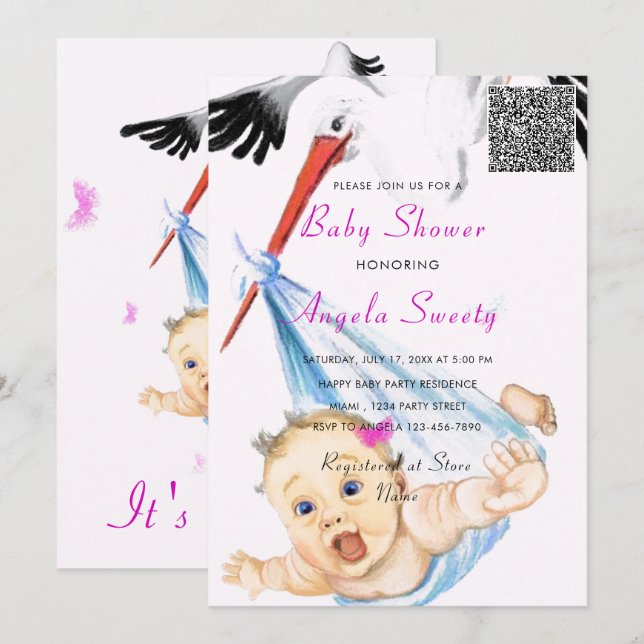 C'est une fille QR Code Stork et un Invitation Bab (Devant / Derrière)