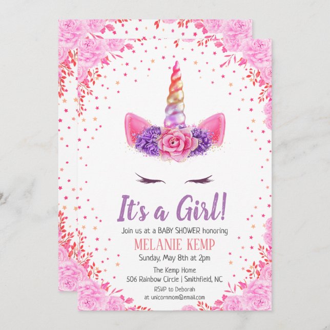 C'est une fille Unicorne Invitation Baby shower Fl (Devant / Derrière)