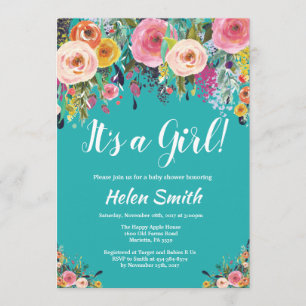 C'est une invitation à un Baby shower floral Turqu