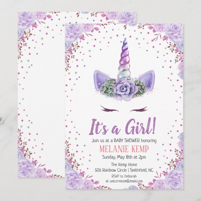 C'est une invitation à une baby shower licorne flo (Devant / Derrière)