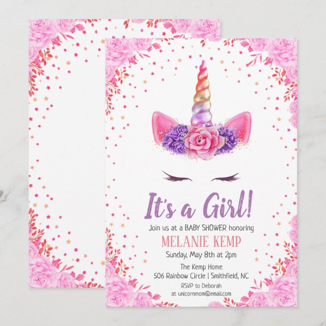 C'est une invitation à une baby shower licorne flo (Devant / Derrière)