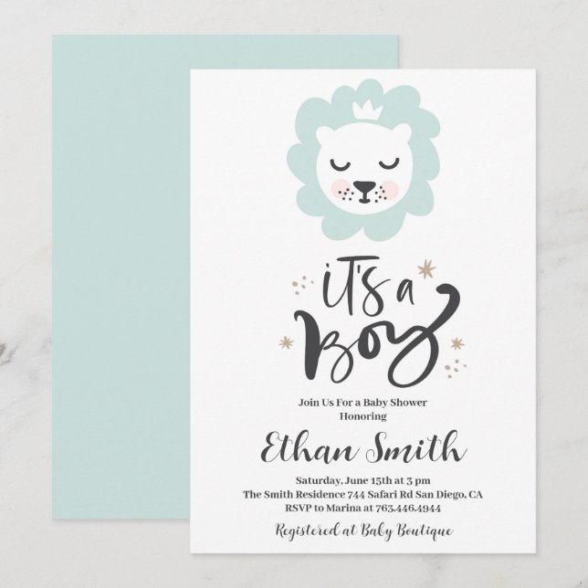 C'est une invitation à une baby shower Lion pour g (Devant / Derrière)