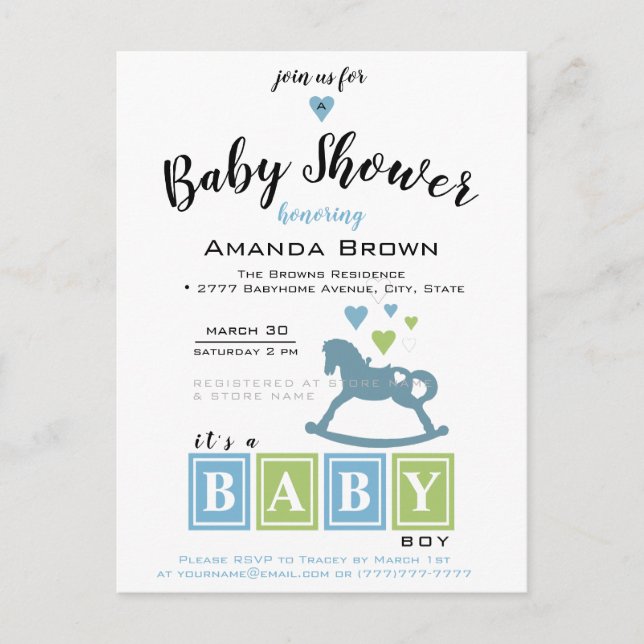 C'est une invitation à une baby shower pour garçon (Devant)