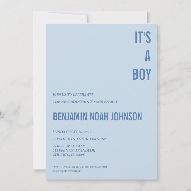 C'est une invitation à une fête de bébé GARÇON (Devant)