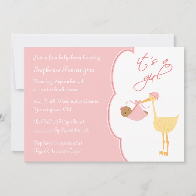C'est une invitation au baby shower de cigogne ros (Devant)