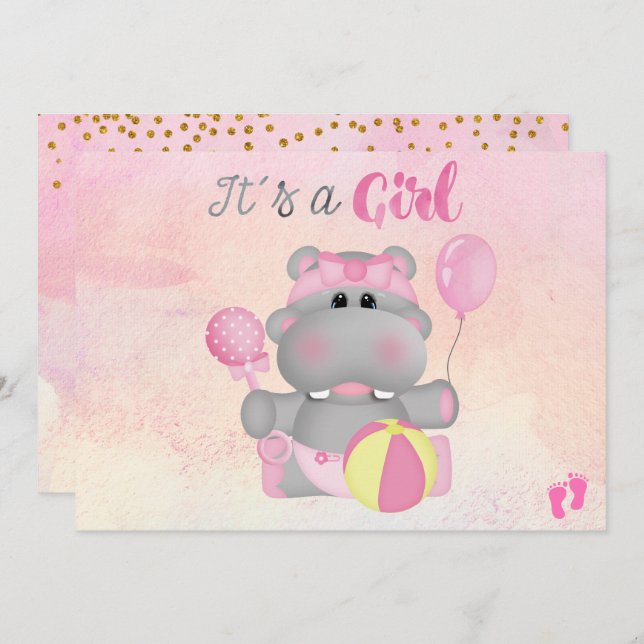 C'est une invitation au Baby shower hippo de fille (Devant / Derrière)