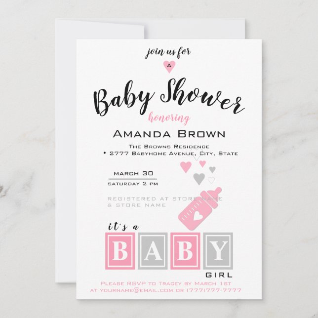 C'est une invitation de Baby shower de fille (Devant)