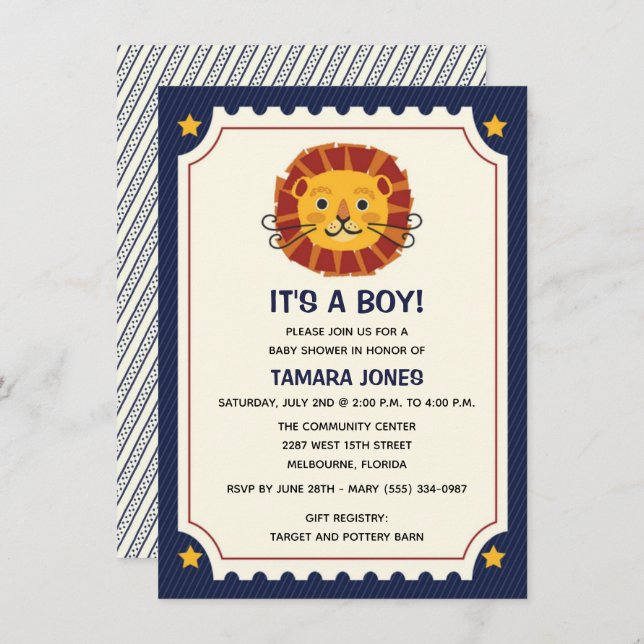 C'est une Invitation de Baby shower de Lion de la  (Devant / Derrière)