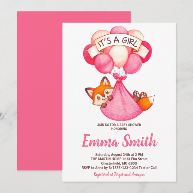 C'est une invitation de baby shower fille au renar (Devant / Derrière)