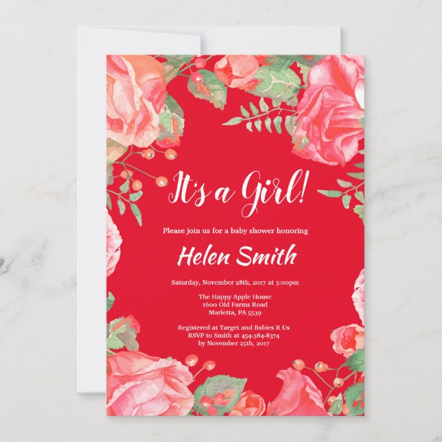 C'est une invitation de baby shower Fille Fleur Ro (Devant)