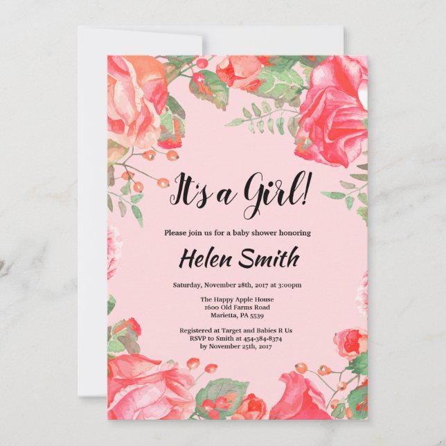 C'est une invitation de baby shower fille fleurs v (Devant)