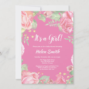 C'est une invitation de baby shower fille rose flo