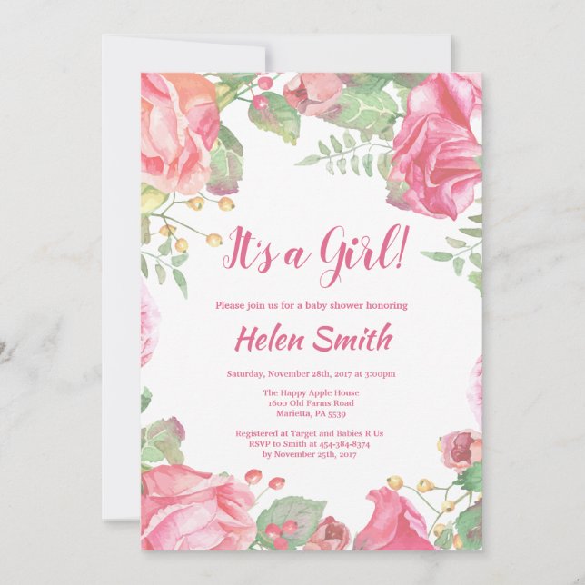C'est une invitation de baby shower rose pour fill (Devant)