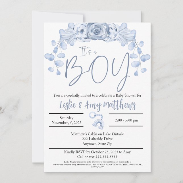 C'est une invitation garçon Baby shower, Blue flor (Devant)
