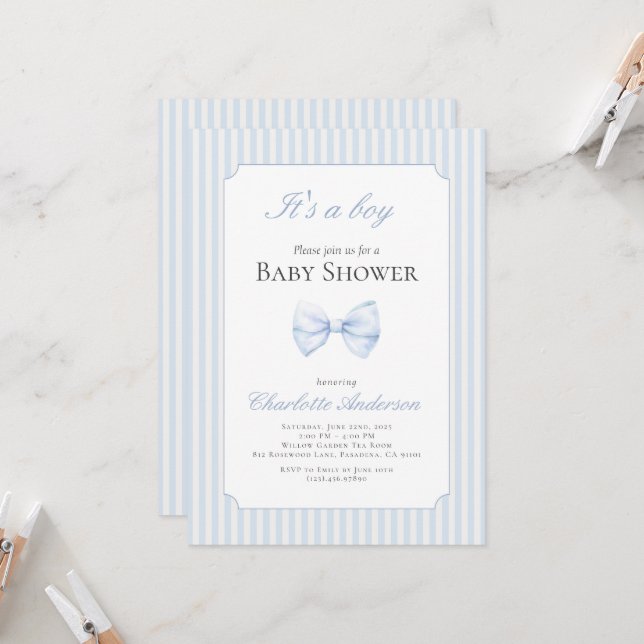 C'est une invitation pour Baby shower garçon (Devant/Arrière en situation)