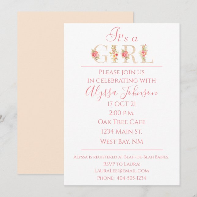 C'est une invitation pour Baby showers filles (Devant / Derrière)