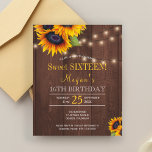 Chaîne de lumières tournesols rustique chic Sweet<br><div class="desc">Floral élégant sweet sixteen d'automne 16e anniversaire abordable BUDGET fête invitation modèle sur marron brun foncé grange bois avec bouquets de tournesols d'or jaune et cordes de lumières scintillantes. Facile à personnaliser avec vos détails. Vous pouvez choisir de le customiser en changeant davantage les polices et les couleurs de l'écriture....</div>