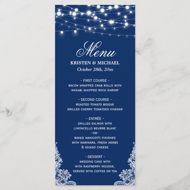 Chaîne Lights White Lace Marine Blue Mariage Menu (Devant)